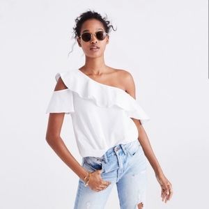 Madewell white cotton ruffle tank top with exposed shoulder
